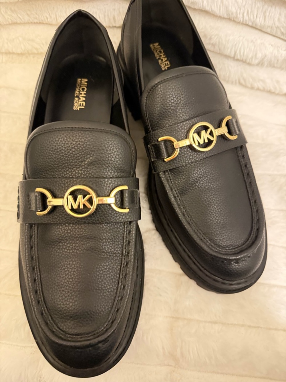 Michael Kors Black Leather Slip-On Loafers with Gold MK Hardware